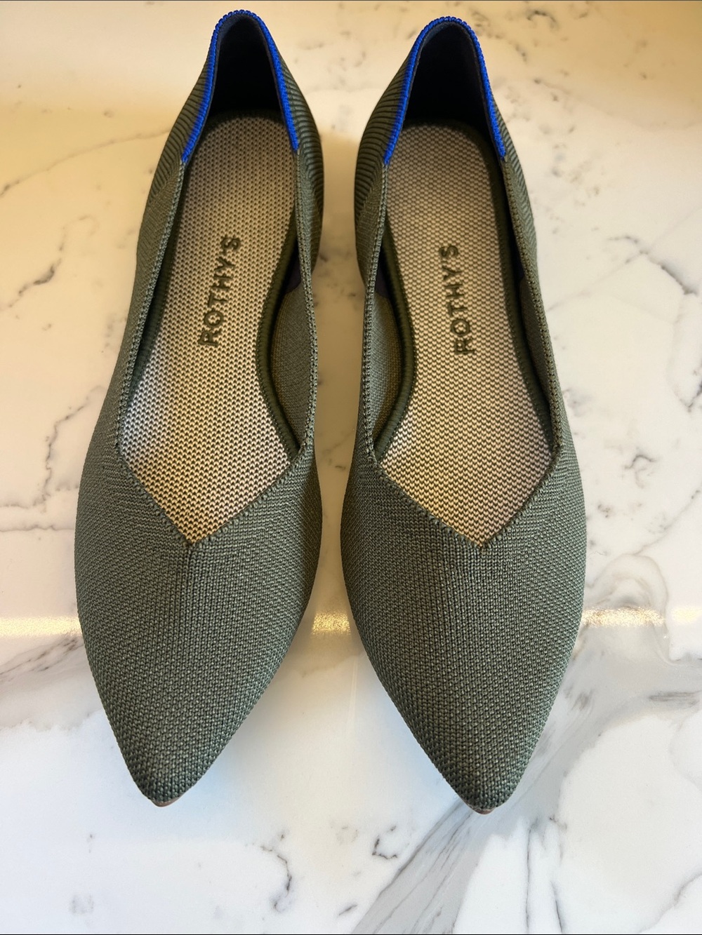 Rothy's Olive Pointed-Toe Flats with Blue Trim